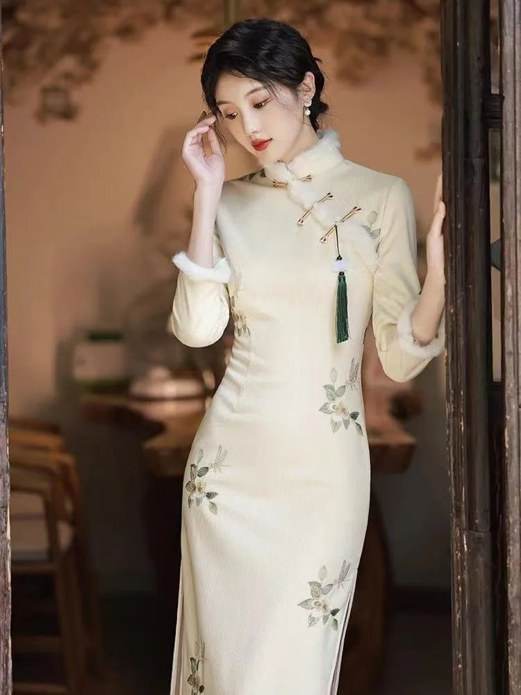 Chinese Traditional Qipao Dress Cheongsam Women's Clothing Autumn Winter Gentle Flower Temperament Elegant Embroidery Vintage - Seprincess