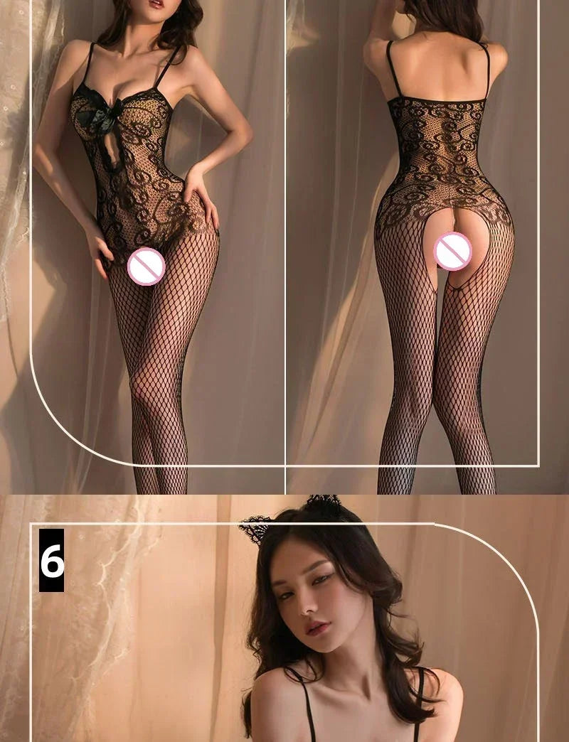 Sexy Lingerie Fishnet Bodysuit Hollow Out Erotic Teddies Open Crotch Mesh Body Stockings Porno Underwear Costumes for Women Lady