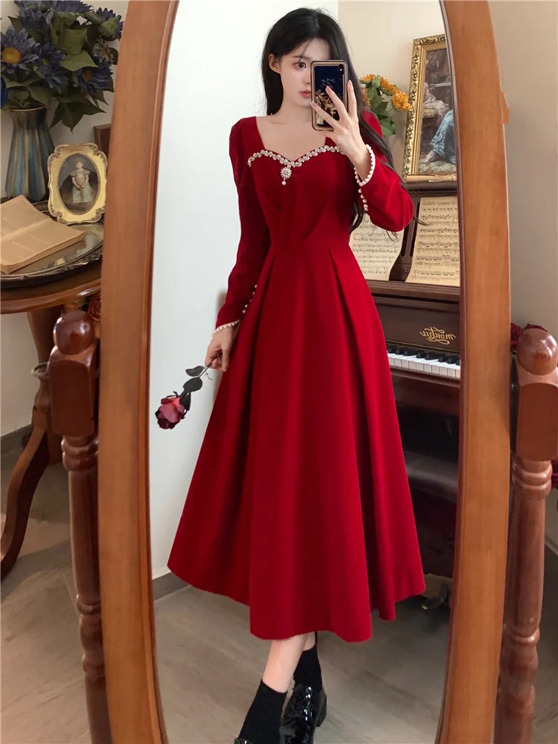 Burgundy Velvet Prom Dresses Square Collar Long Sleeve Pearl Crystal Long Engagement Dress Plus Size Female Formale Gowns - Seprincess