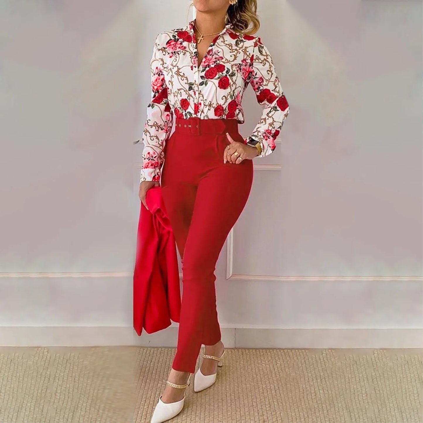 Elegant Short Sleeve Shirt Pants Set Office Lady Fashion V Neck Floral Print Ruffles Trousers Two Piece Set Women Outfit 2023 - Seprincess