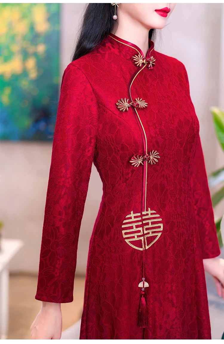 Retro Chinese Traditional Red Wedding Qipao Dress Modern Improved Long Sleeve Embroidered Cheongsam Plus Size Women Clothing CNY - Seprincess