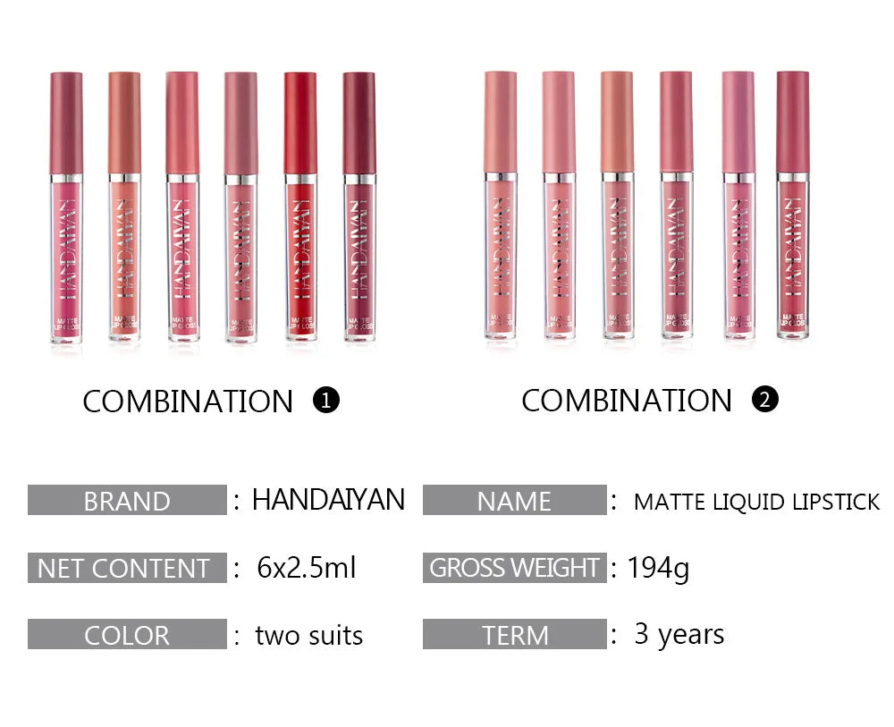 HANDAIYAN 6Pcs Liquid Velvet Matte Lip Gloss Red Lipstick Nude Makeup Women Long Lasting Waterproof Beauty Cosmetics - Seprincess