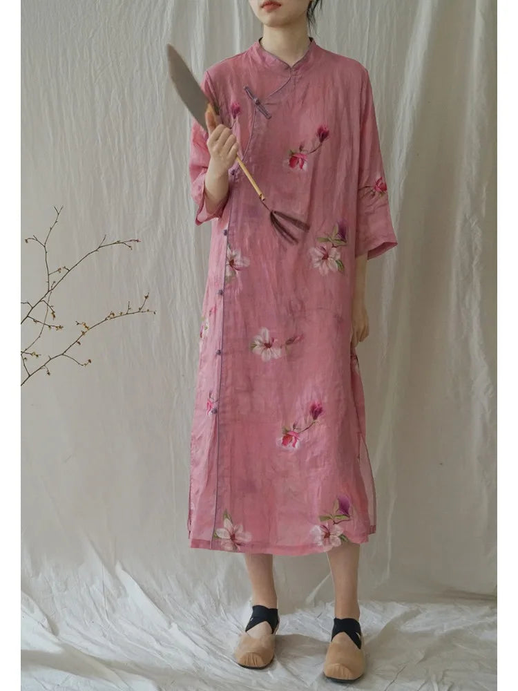 New Chinese Style Retro Improved Hanfu Dress Art Ramie Printed Cheongsam Zen Dress National Style Original Design Qipao Women - Seprincess