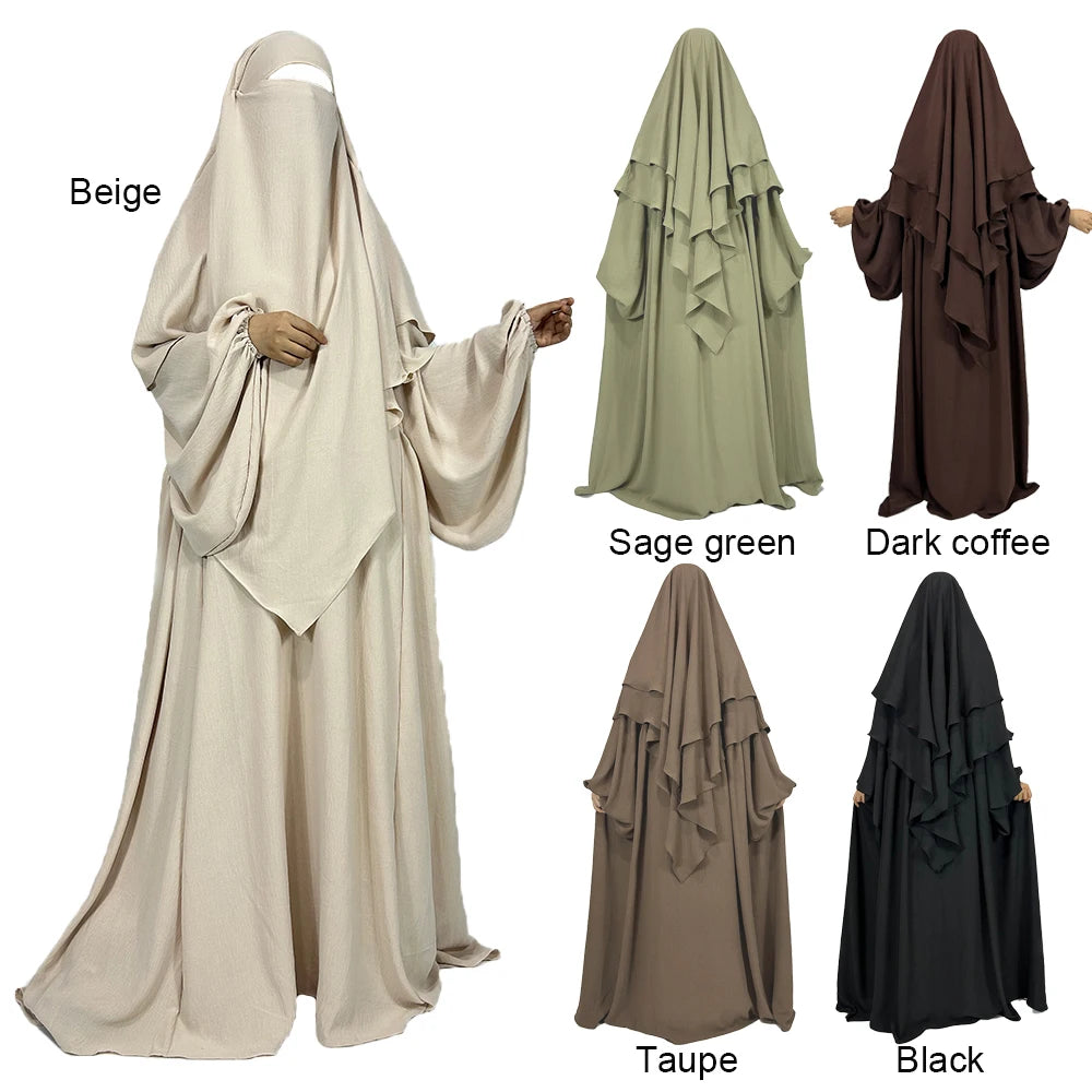 Abaya Khimar Set 2 Piece Jazz Crepe Balloon Sleeve Muslim Dress Women Dubai Luxury Wholesale Prayer Jilbab Islamic Clothing - Seprincess