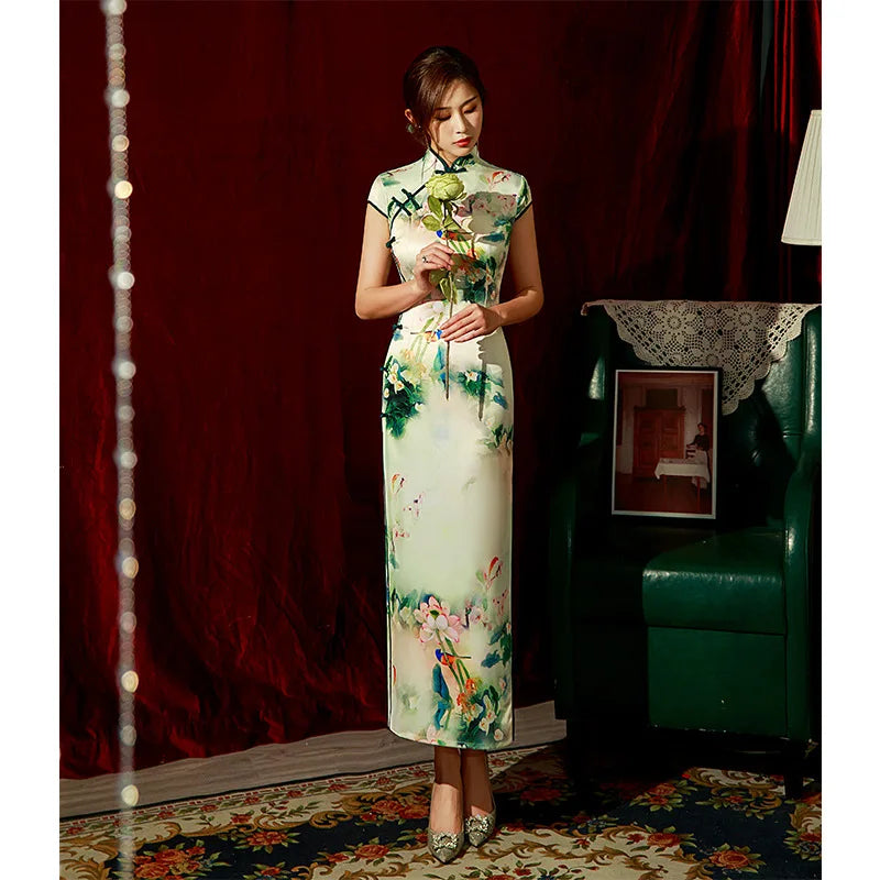 2023 Spring Silk Maxi Long Improved Cheongsam Retro Elegant Performance Chinese Traditional Style Evening Dress Qipao for Women - Seprincess