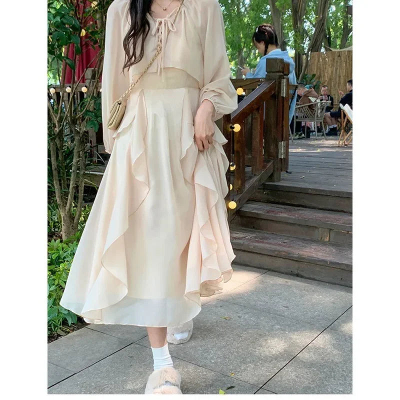 2024 Summer New Women's Ruffle Edge Tank Dress Long Sleeve Sun Protection Cardigan 2-piece Set Soft Fairy-like Design - Seprincess