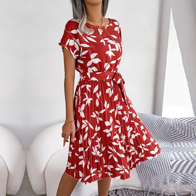 Women Spring Summer Short Sleeve High Waist Chic Dress Fashion Floral Pleated A Line Long Dress - Seprincess