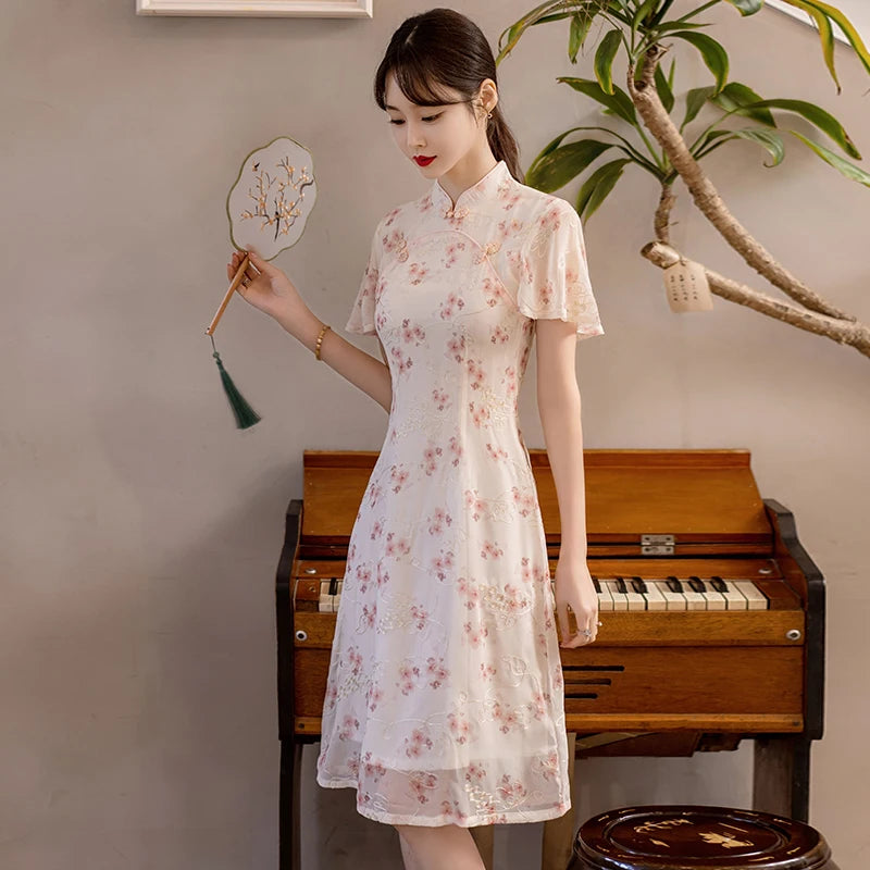 Summer Short Sleeve Qipao Fashion Modern Trend Ethnic Traditional Chinese Clothing Embroidery Cheongsam Dress for Women - Seprincess