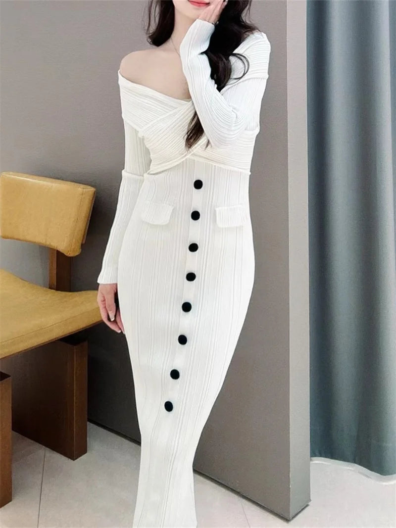 Women Slim V-Neck Knitted Dress Single-Breasted White Long Sleeve Ladies One-Shoulder Package Hip Long Robe - Seprincess