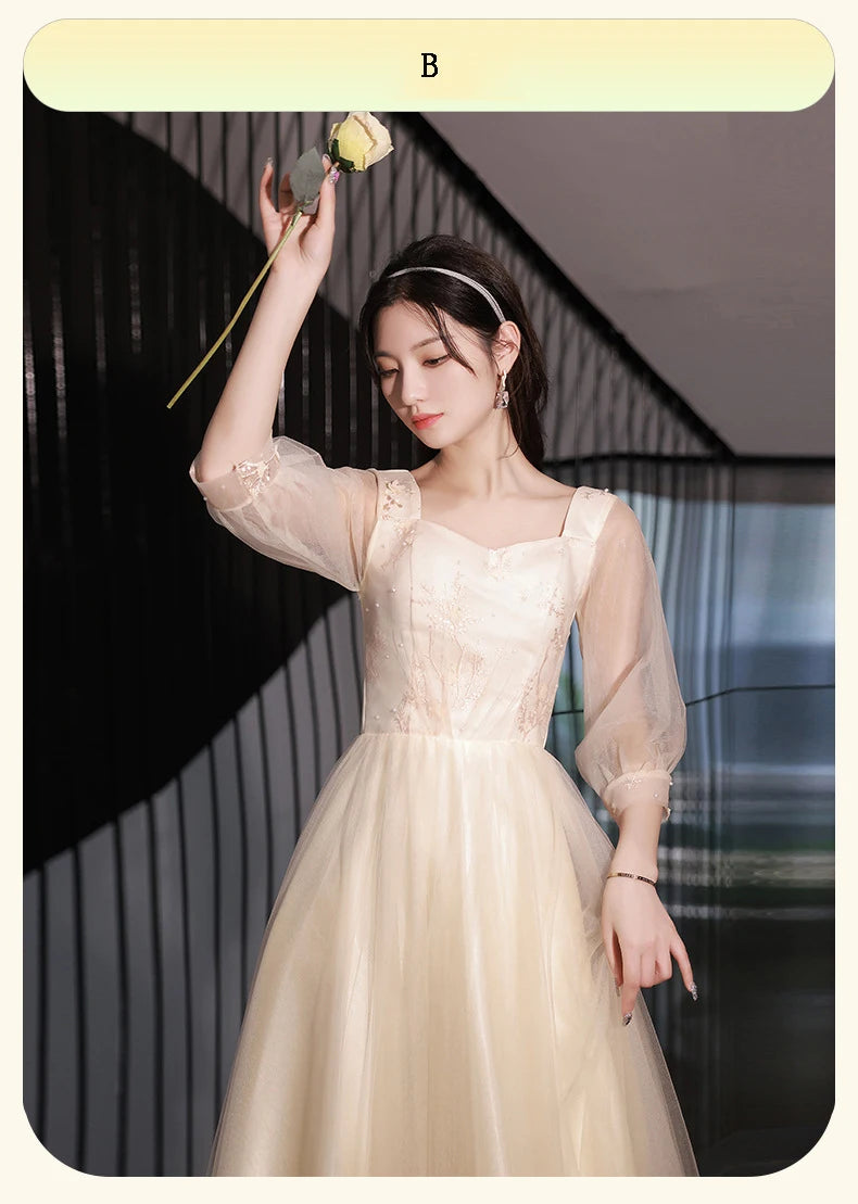 Champagne Bridesmaid Dress Women's Sweet Tulle Embroidery New Temperament Sisters Evening Dresses A-Line Wedding Party Gown - Seprincess