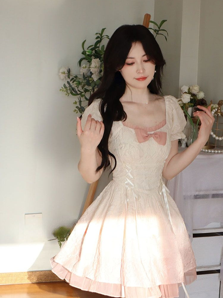 Bubble Sleeve Kawaii Lolita Mini Dress Women Pink Bow Princess Sweet Party Cute Dress A-Line Elegant Fairy Dress 2024 Spring New - Seprincess