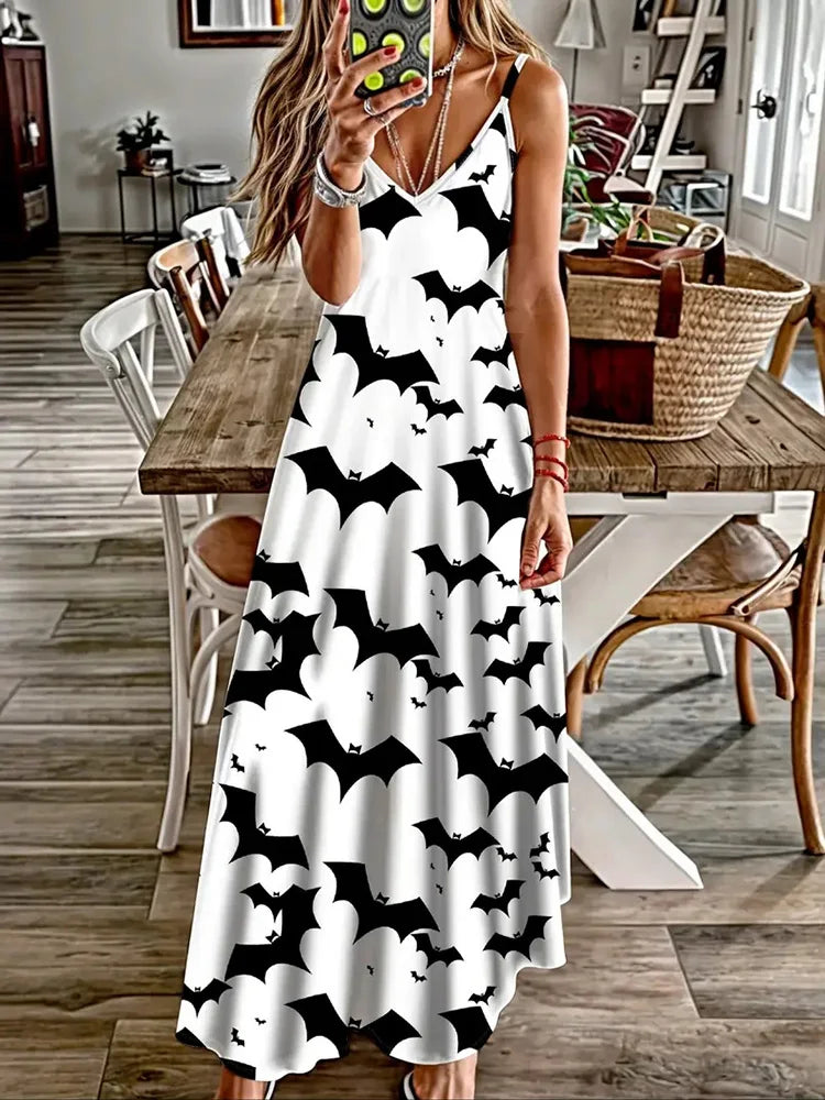 Halloween Horror Pumpkin Atmosphere Print Sexy Strap V-Neck Dress Summer Festival Party Sleeveless Dinner Long Evening Dress - Seprincess