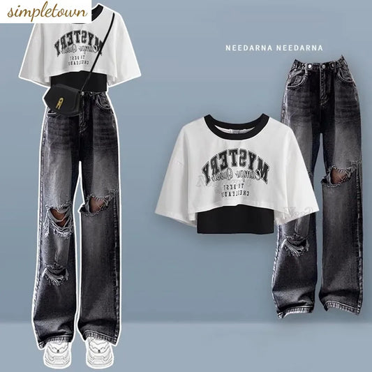 Spring/Summer Sweet Cool Set for Female Students Korean Fashion T-shirt+Personalized Ripped Jeans Two-piece Set - Seprincess