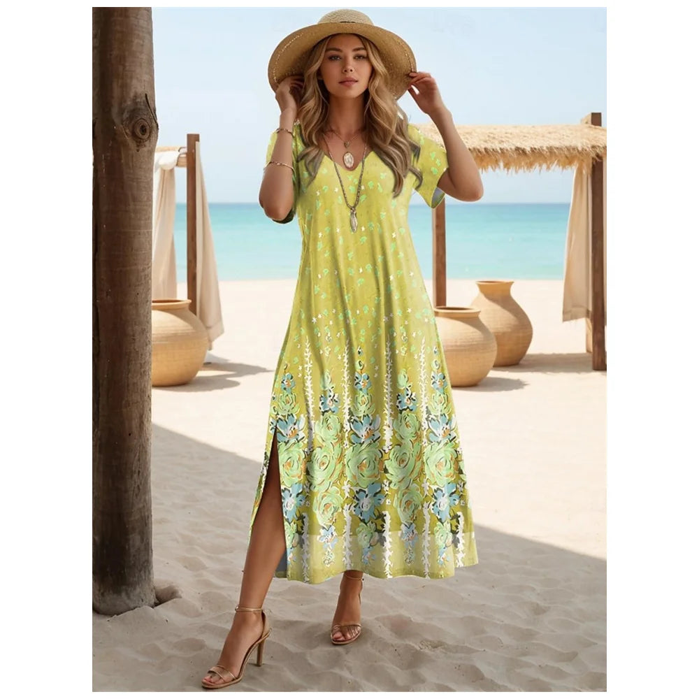 Elegant Dresses For Women Holiday V-Neck Long Dress 3d Vintage Flowers Print Short Sleeve Slit Skirt Summer New Beach Dresses - Seprincess