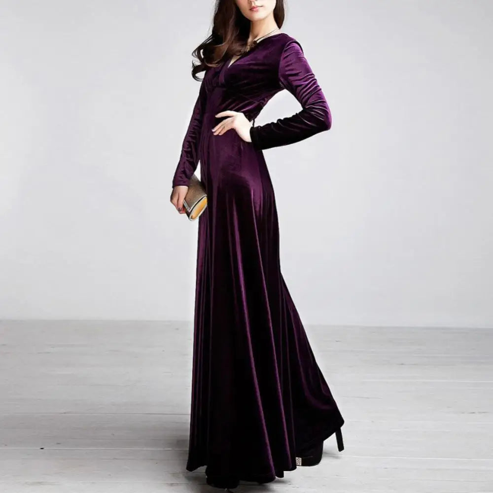 Vintage Women Autumn Long Sleeve V Neck Pleated Velvet Banquet Party Maxi Dress Party Wedding Elegant Evening dress? - Seprincess