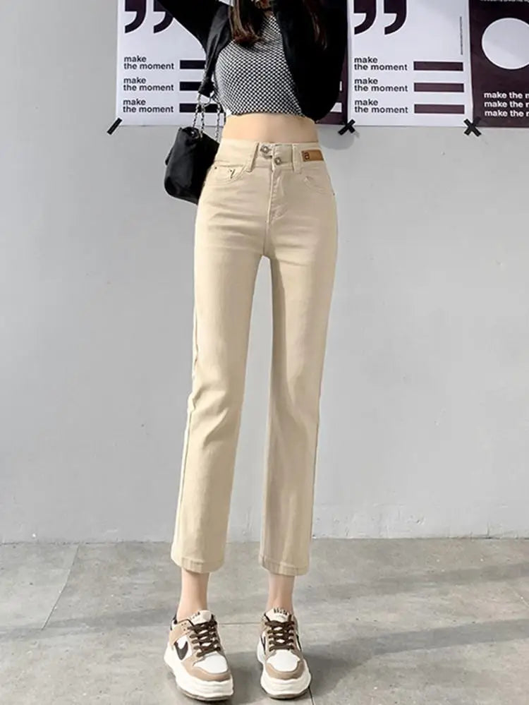 FINEWORDS Slim Skinny Beige Jeans Women High Waist Vintage Push Up Jeans Easymatch Streetwear Korean Denim Ankle-Length Pants