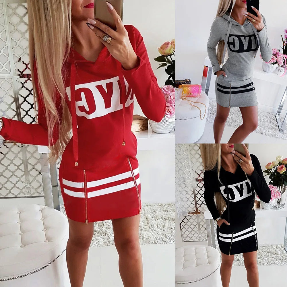 2022 Hooded Women Summer Dress Short Sleeve Letter Print Zipper Bandage Hoodies Lady Casual Sport Bodycon Vestidos Mini Dresses - Seprincess