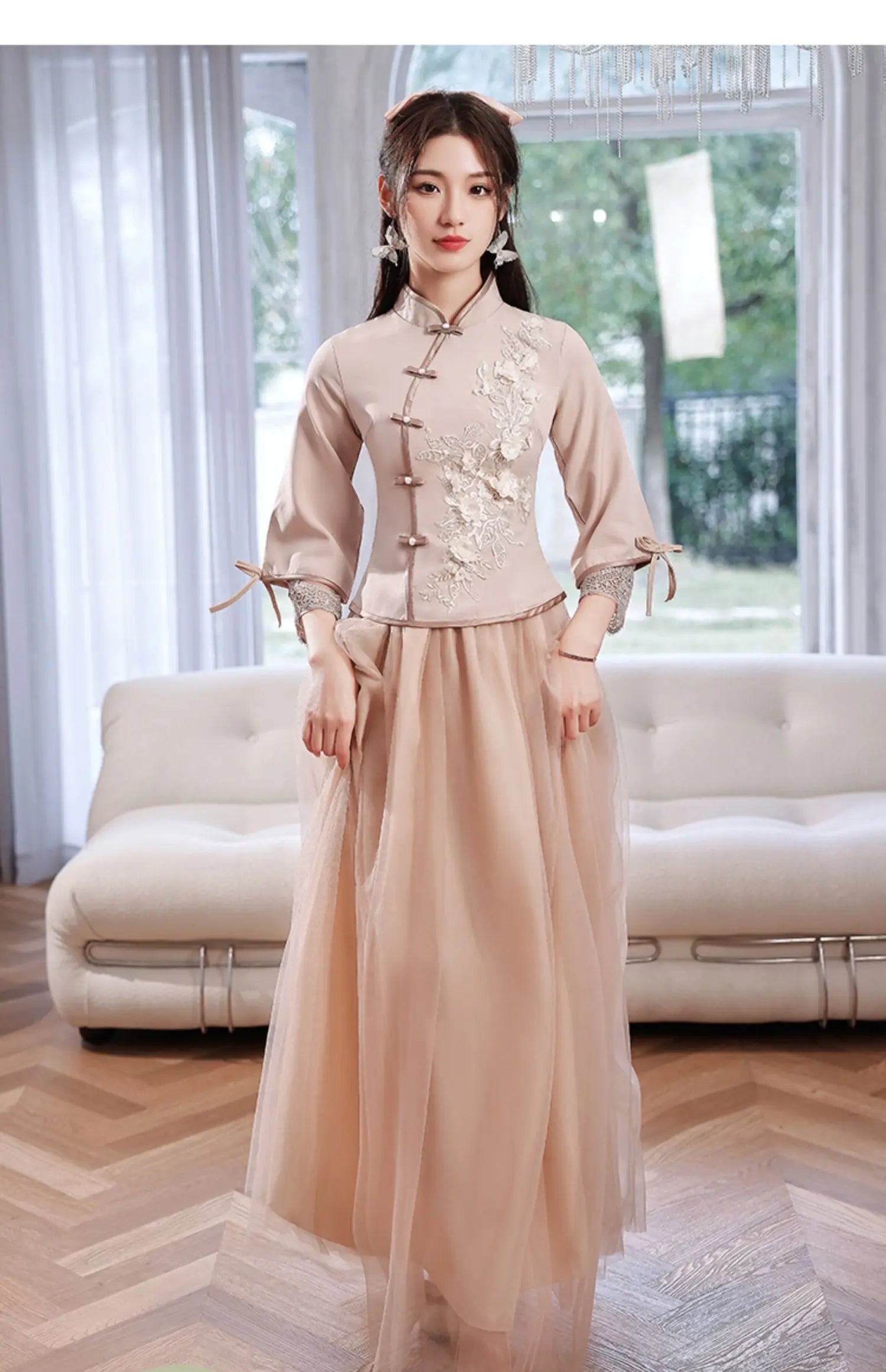 Chinese Wedding Dresses Qipao Traditional Bridesmaid Elegant Khaki Pink Cheongsam Modern Three Quarter Sleeves Outfits for Girls - Seprincess