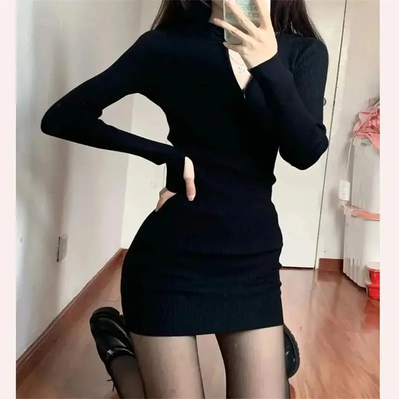 Long Sleeve Dresses for Women Black Sexy Club Bodycon Mini Dress Y2k High Waist Ladies Korean Short Dress Basic Autumn Winter - Seprincess