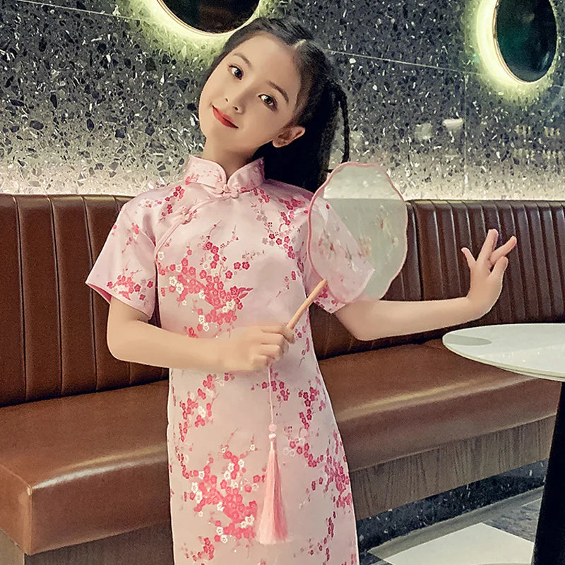 Classical Chinese Style Qipao Children Cheongsam Silk Brocade Princess Dress Baby Girl Print Cheongsams Handmade Button Clothing - Seprincess