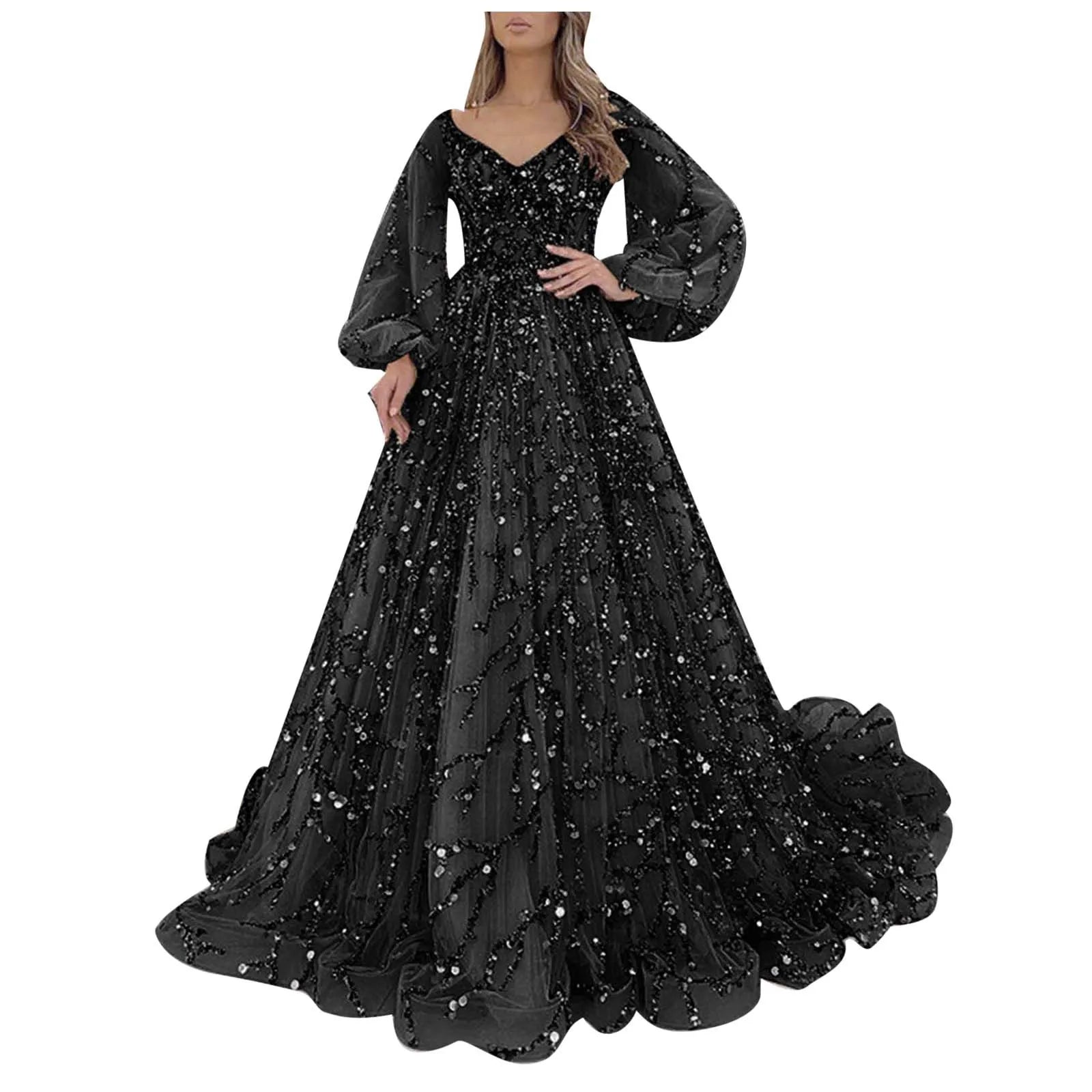 Women's Elegant Cocktail Party Dress Sequins Mesh Evening Dress Long Lantern Sleeve V-Neck Floor Length Luxury Dresses 2024 - Seprincess