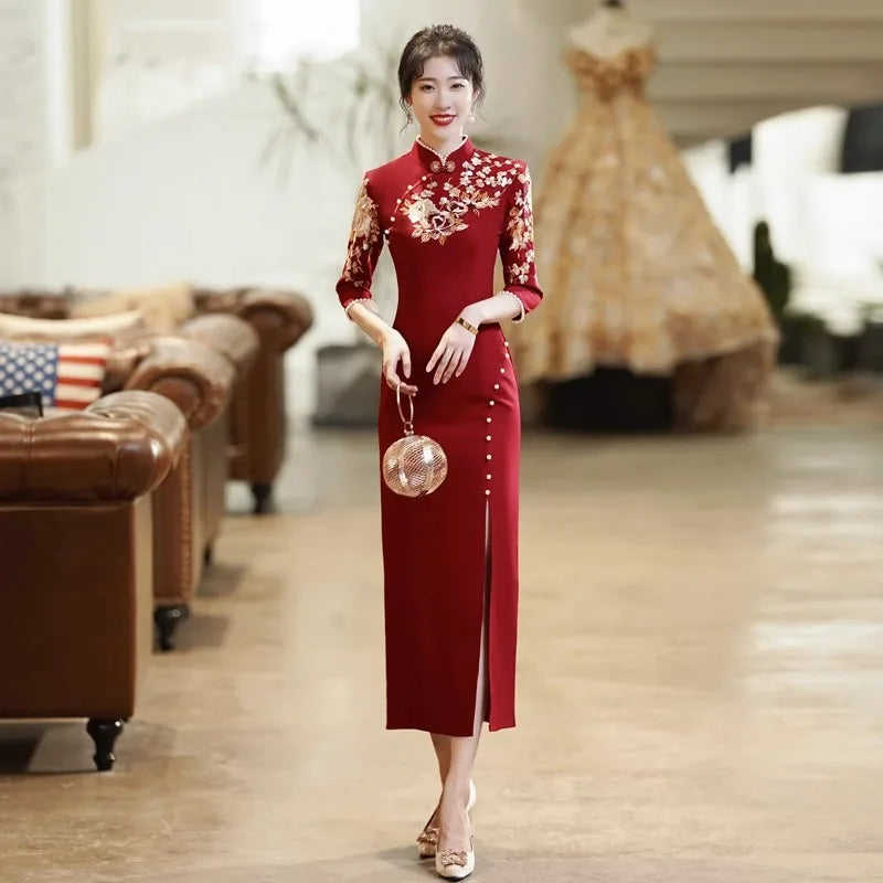 Burgundy Wedding Cheongsam Engagement Dress New Chinese Qipao Toast Clothes Retro Mandarin Collar Improved Sexy Slit Slim Dress - Seprincess