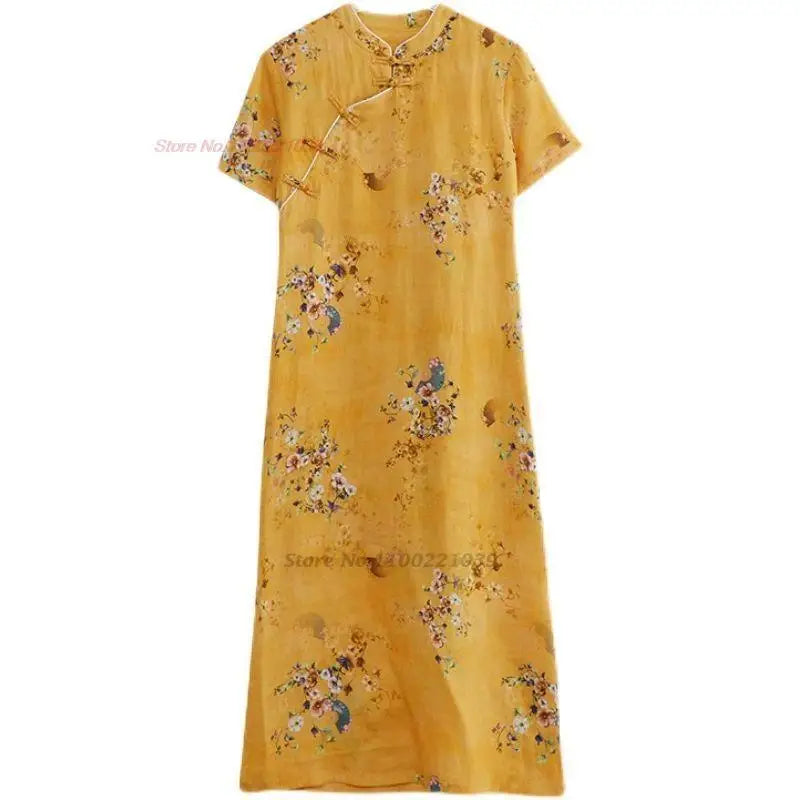 2024 chinese vintage dress qipao women national flower print dress cotton linen qipao traditional improved cheongsam dress - Seprincess