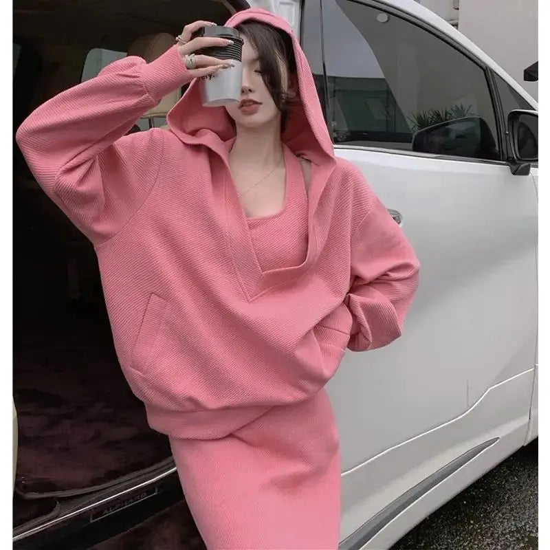 Spring Autumn Korean Version Solid Color V-neck Loose Hooded Coat New Slim Sexy Vest Casual Sweet Two Piece Women Clothing - Seprincess