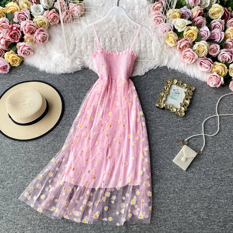 Women daisy Print Dresses Summer Sexy Lace Mesh Dress Spaghetti Strap Ruched Floral Vestidos Korean Style Long Dress - Seprincess