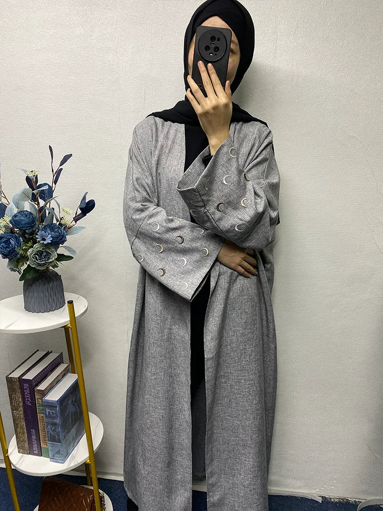 Eid Linen Abaya One Piece Open Cardigan with Heart Design Bat Sleeve Muslim Women Outwear 2024 Ramadan Dubai Arabic Kimono - Seprincess