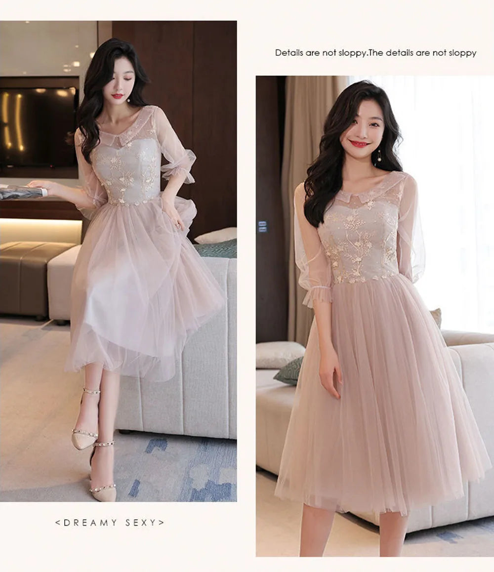 4 Styles Elegant Simple Bridesmaid Dress Women's Tulle Half Sleeves Slim Fit Design A-Line Dress Applique Wedding Party Vestido - Seprincess