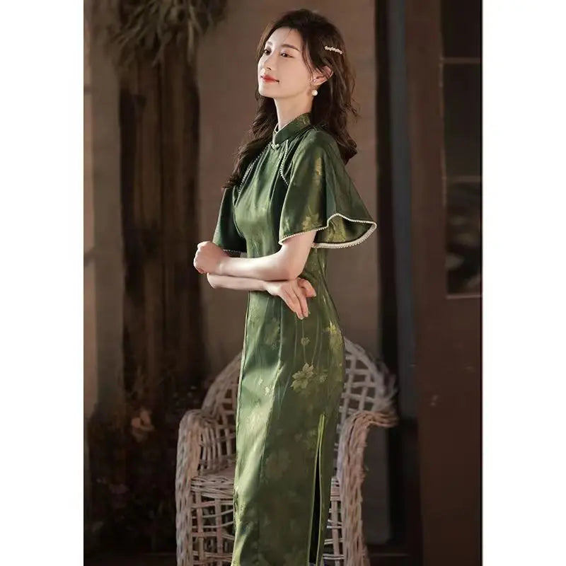 Cheongsam Dress Modern 2024 Women Improved Qipao New Long Waist Chinese Style Dress Sweet Green Chinese Dress Woman - Seprincess