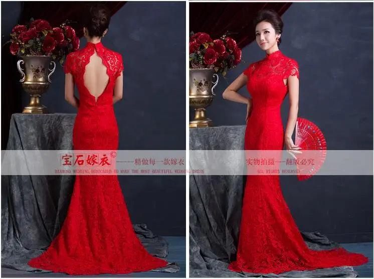 Chinese Cheongsam Women Wedding Dress Summer Lace Open back Trailing Vintage Red Chipao - Seprincess