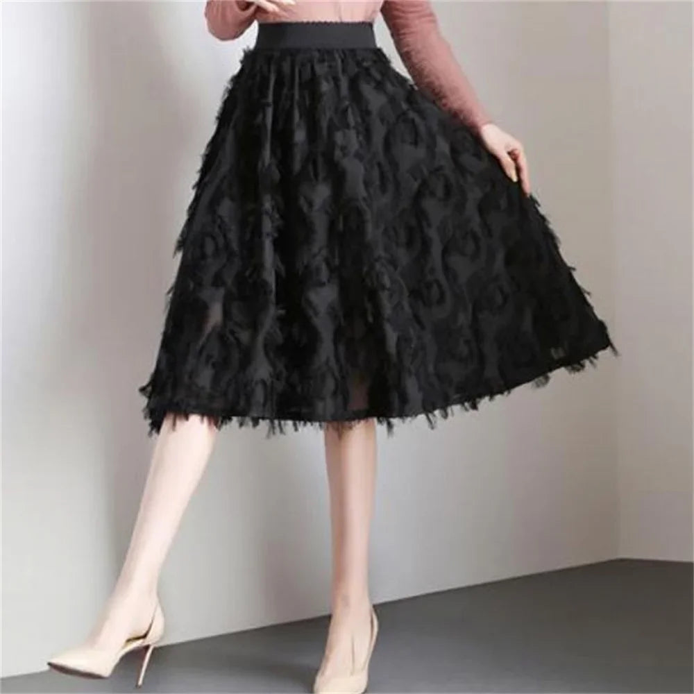 2024 Spring Fashion Elegant Party Black White Casual Midi Skirts Women Tassel Elastic High Waist Sweet A Line Skirt Female - Seprincess