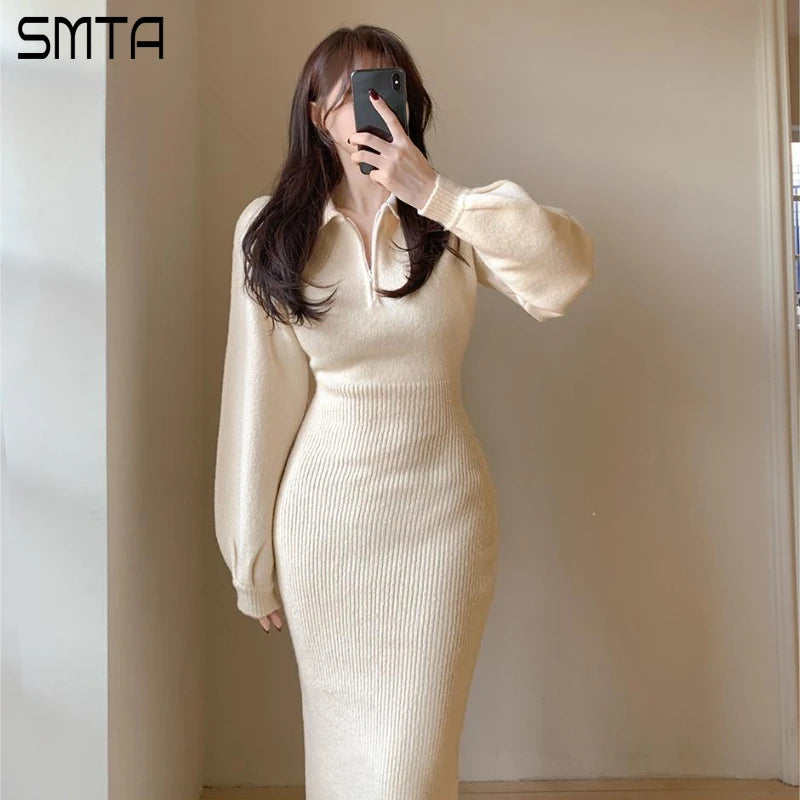 Vintage Long Sleeve V-neck Knitted Sweater Midi Dresses for Women Zipper Lapel Elegant Warm Bodycon Dresses Autumn Winter 2024 - Seprincess