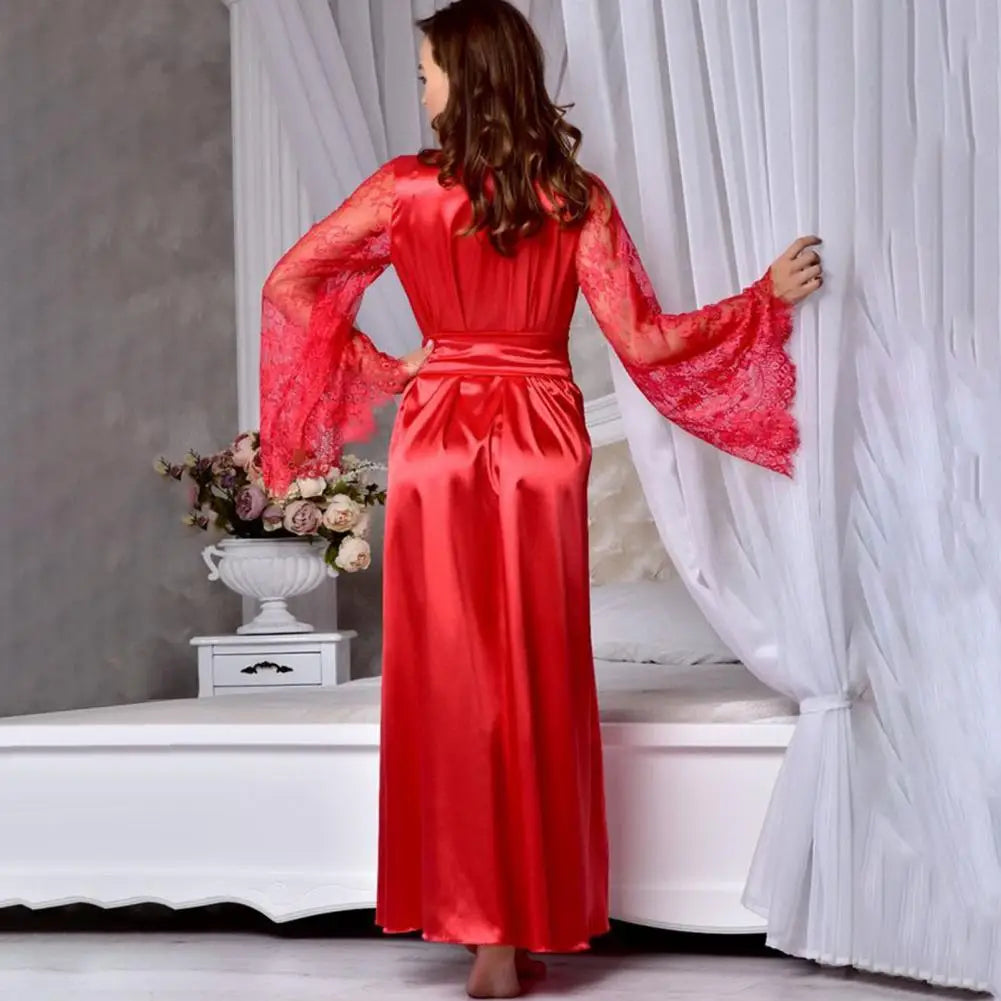 Women Nightgown Lace Sleeves Adjustable Waist Tie Satin Nightie V Neck Imitation Silk Sleepwear Honeymoon Bride Morning Robe - Seprincess