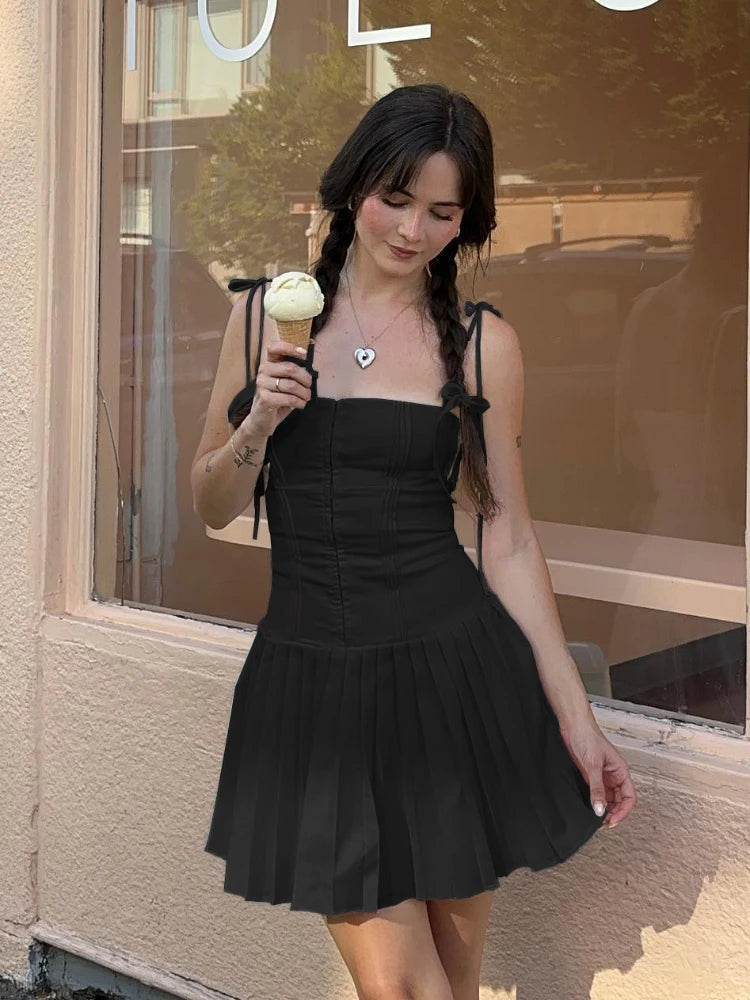 Suninheart Summer A  Line Short Dresses 2024 New Arrivals Casual Pleated One-piece Dress Gown Black Birthday Holiday Dress Women - Seprincess