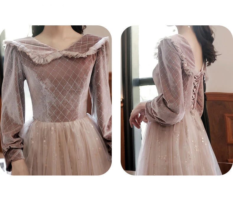 Autumn Winter Bridesmaid Dress New Women's Long Sleeve Corduroy Lace Splicing Style Dress Wedding Sisters Group Evening Dresses