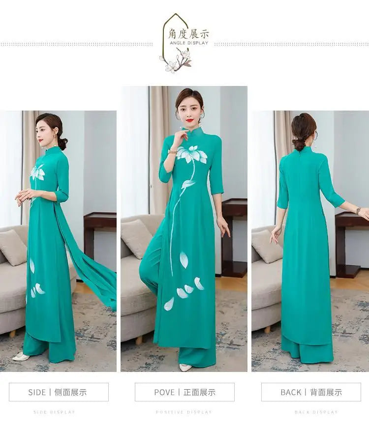 Spring Summer Ao Dai Cheongsam Folk Style Vietnam Chiffon Aodai Graceful Elegant Women Chinese Traditional Dress Improve Qipao - Seprincess