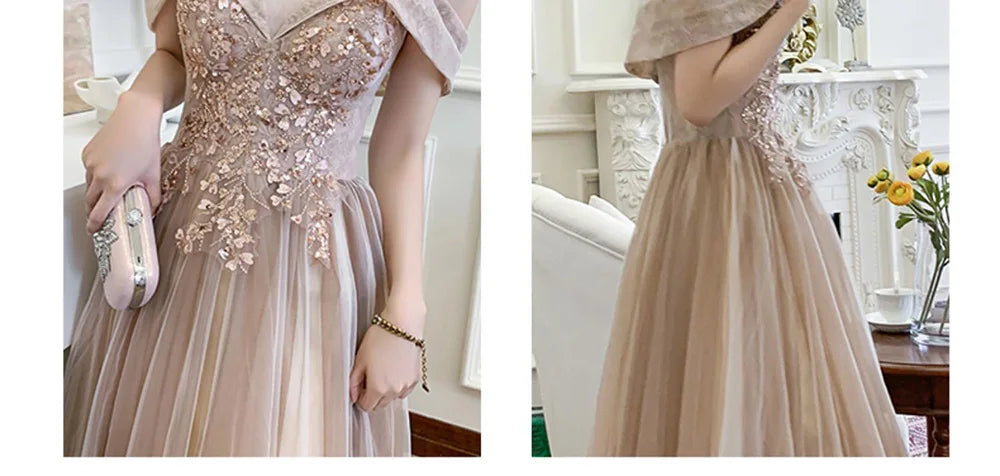 4 styles Champagne Pink Bridesmaid Dress Women's Elegant Off Shoulder Ruffles Sleeves Gown Sequins Flower Applique Vestido