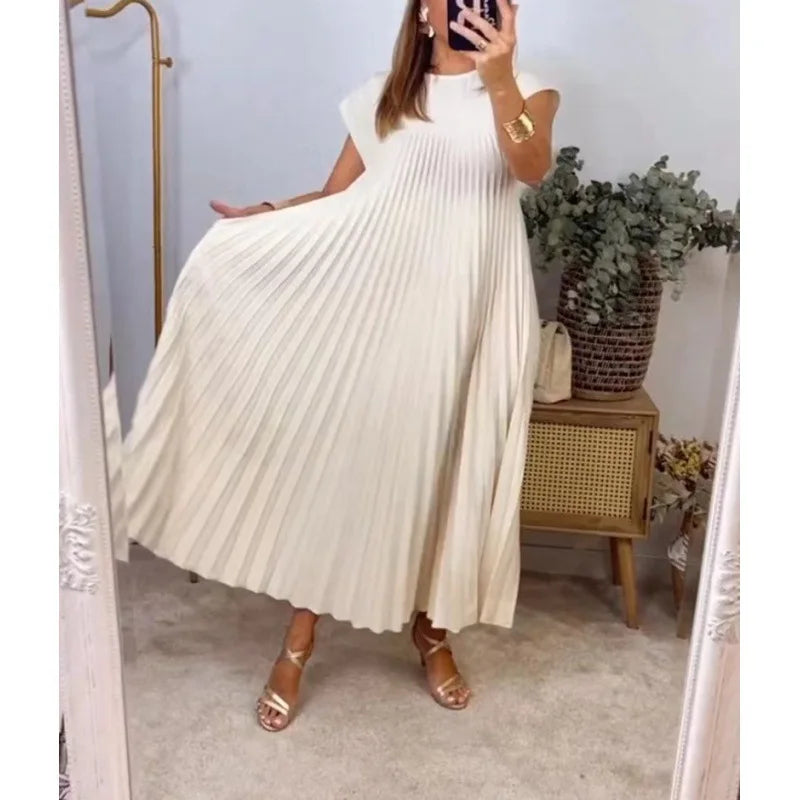 Women's Elegant And Fashionable Round Neck Sleeveless Pleated Long Dress In Solid Color Beige With Pockets, Oversized Long Skirt - Seprincess