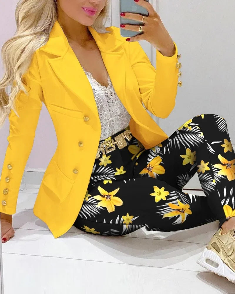 2024 Women New Autumn Lapel Collar Double Breasted Blazer & Tailored Pants Set Long Leggings Suit Elegant 2 Piece Outfits Work - Seprincess