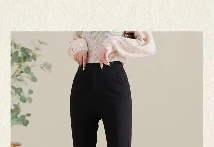 Women Korean Fashion Elegant Chic Flare Pants Autumn Winter Female Black High Waist Plush Thick Trousers Slim Pockets Pantalones