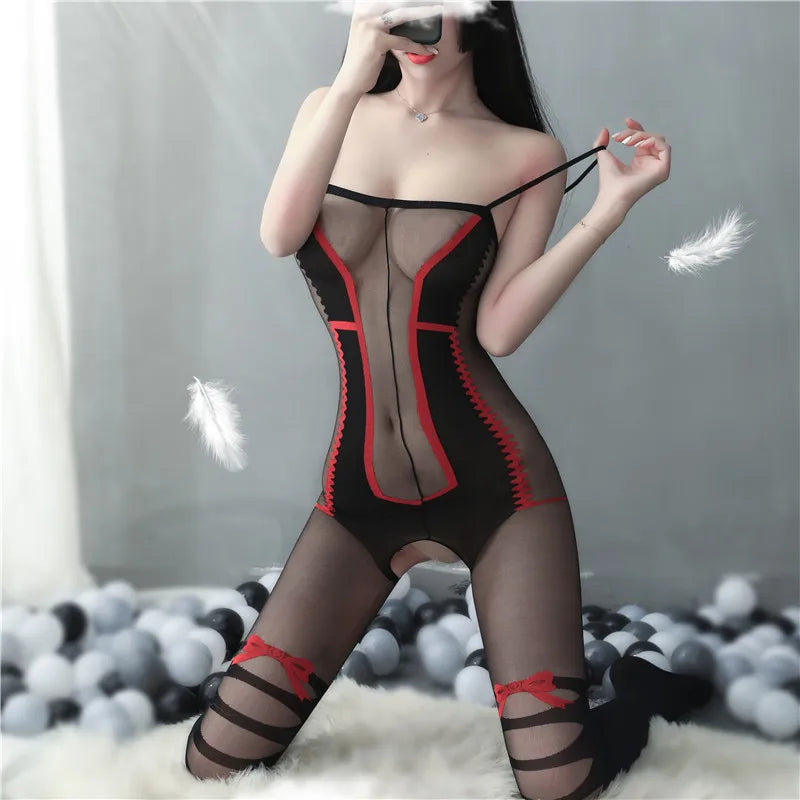 Black Sexy Catsuit Women Erotic Costumes Open Crotch Bodystockings Nylon Tights Transparent Lenceria Erotica Mujer Sexi