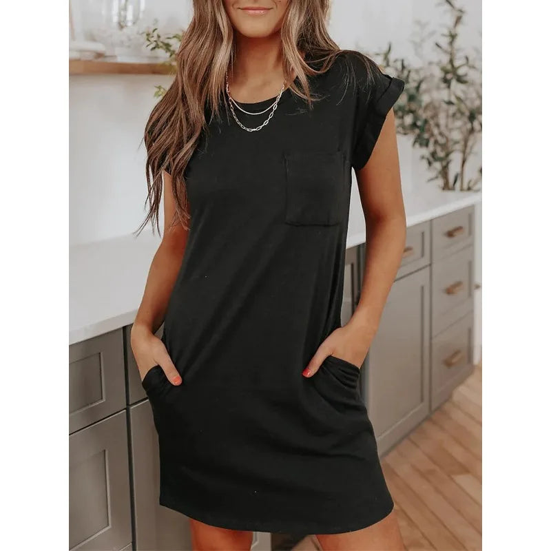 Summer New Loose Casual Women's T-shirt Fashion Round Neck Short Sleeve Pocket Dress Commuter - Seprincess