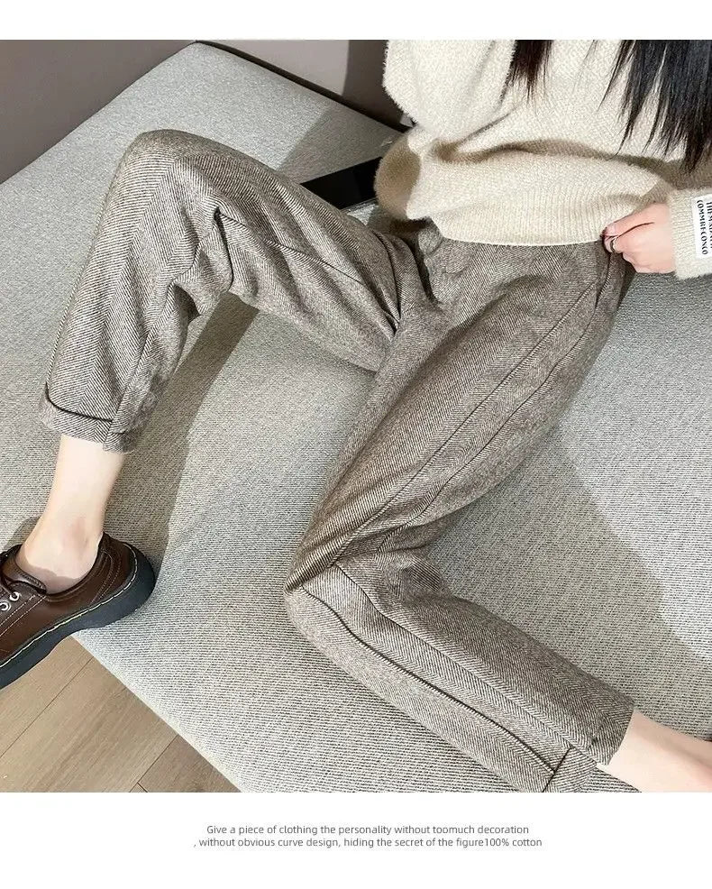 Winter Woolen Pants for Women Thicken Warm Ankle-Length Harem Pants Office Lady Khaki Elastic Waist Fashion Women's Trousers