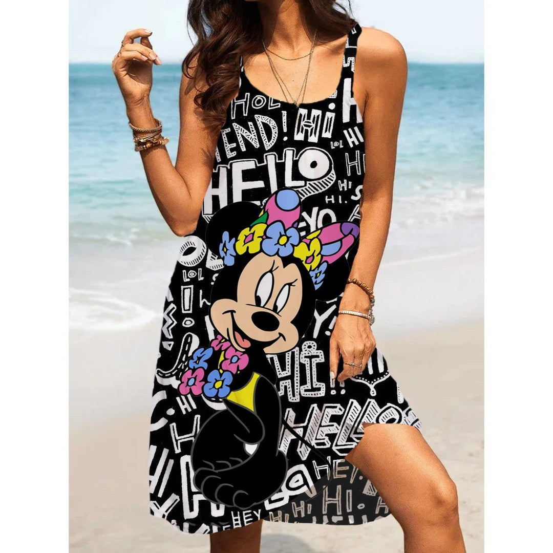 Women's Summer Casual Swinging Strap Beach Dress Disney Mickey Mouse Print Plus Size Loose Sexy Open Back Dress - Seprincess