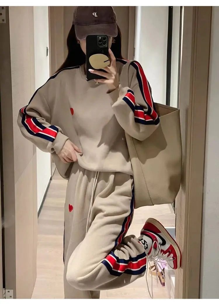 Autumn Cute Love Embroidery Pant Sets Two Pieces Tracksuits Khaki Side Striped Sweatshirt Women Girls Loose Sporty Korean Style - Seprincess