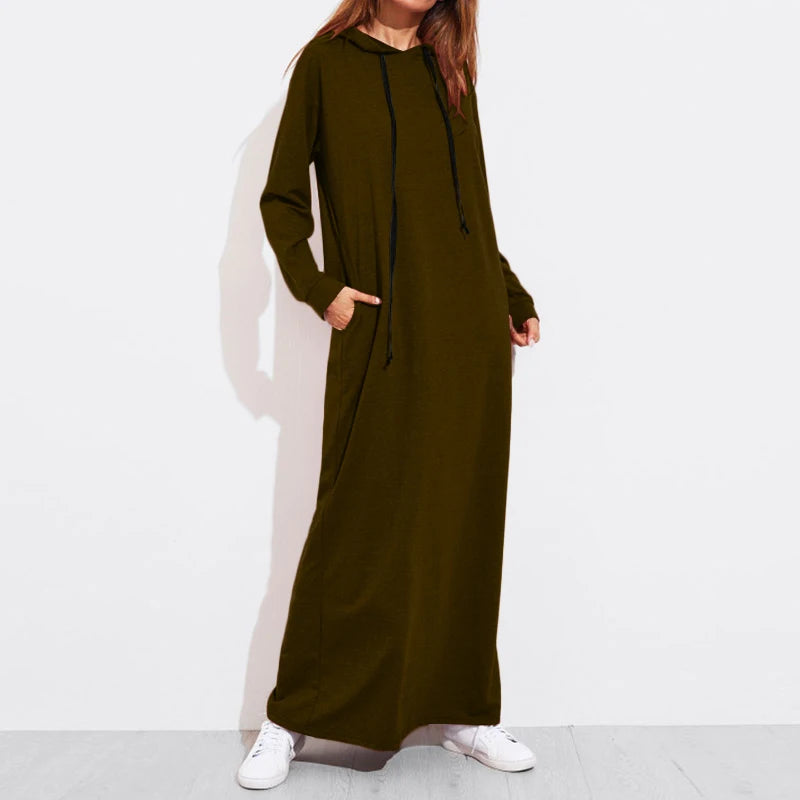 Celmia 2024 Autumn Women Hooded Maxi Dress Casual Solid Long Sleeve Pockets Party Hoodies Dress Long Vestido Robe Drawstring