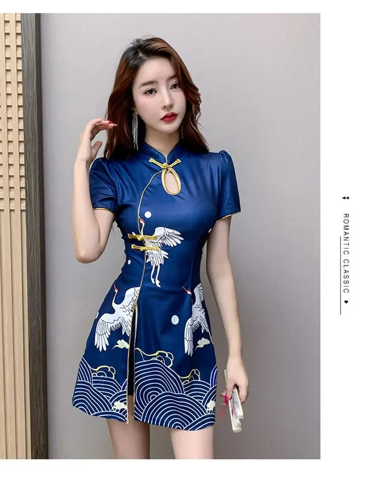 Women Chinese Style Retro Improved Temperament Printing Cheongsam Modern Dress Blue Chinese Qipao Dresses for Women - Seprincess